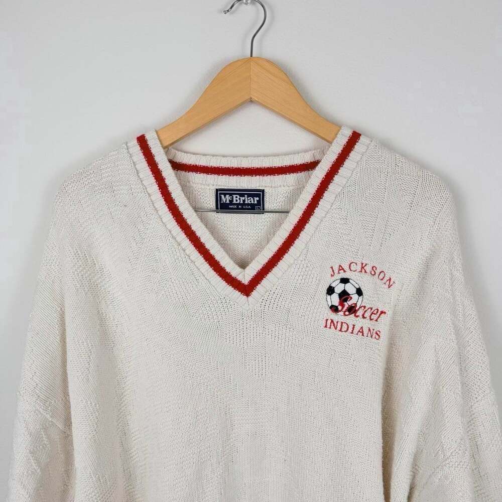 Vintage Knit Sweater Soccer Embroidered V-Neck Preppy Cozy Fall School Preppy
